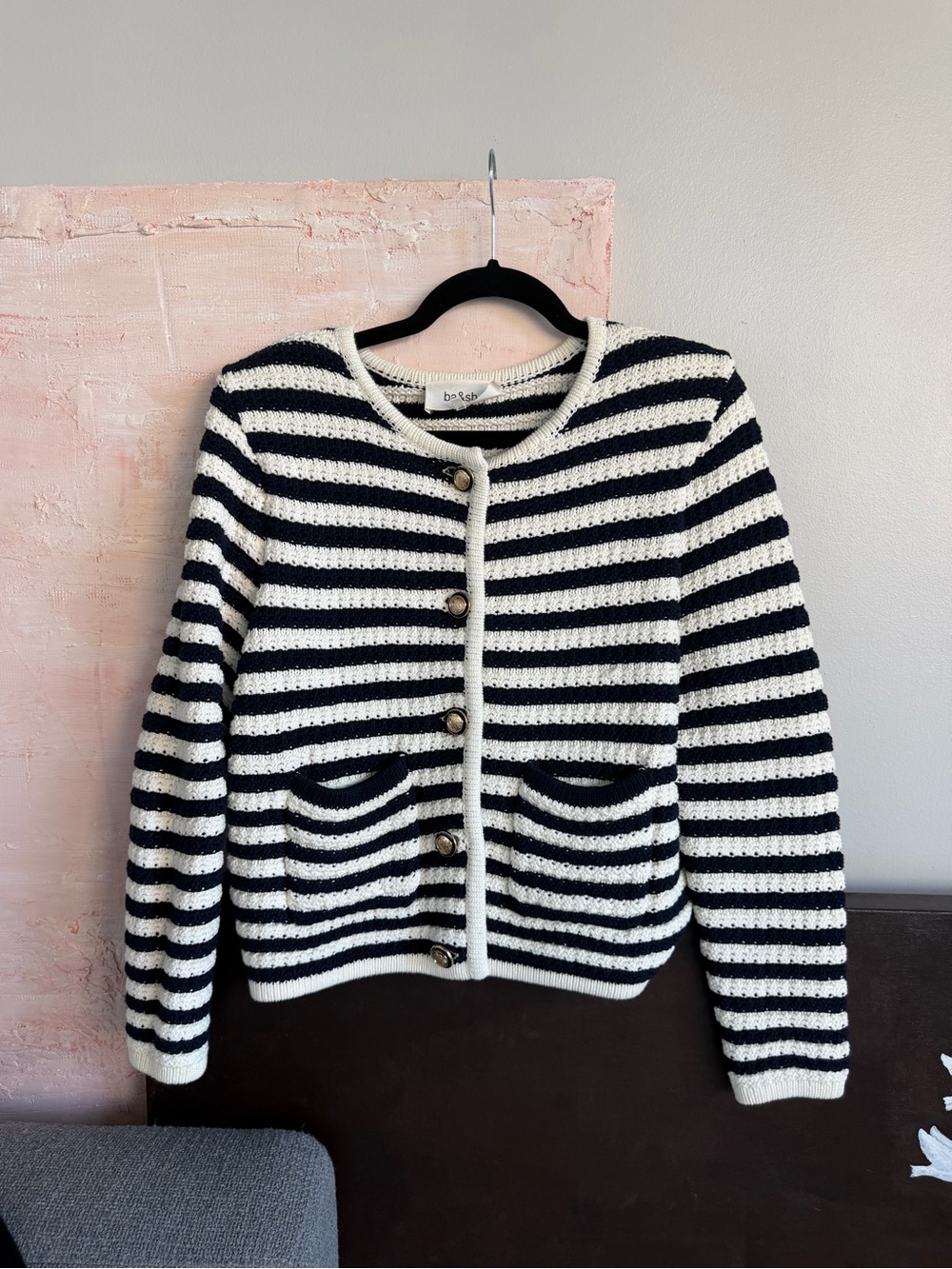 ba&sh Black and White Striped Button-Front Cardigan